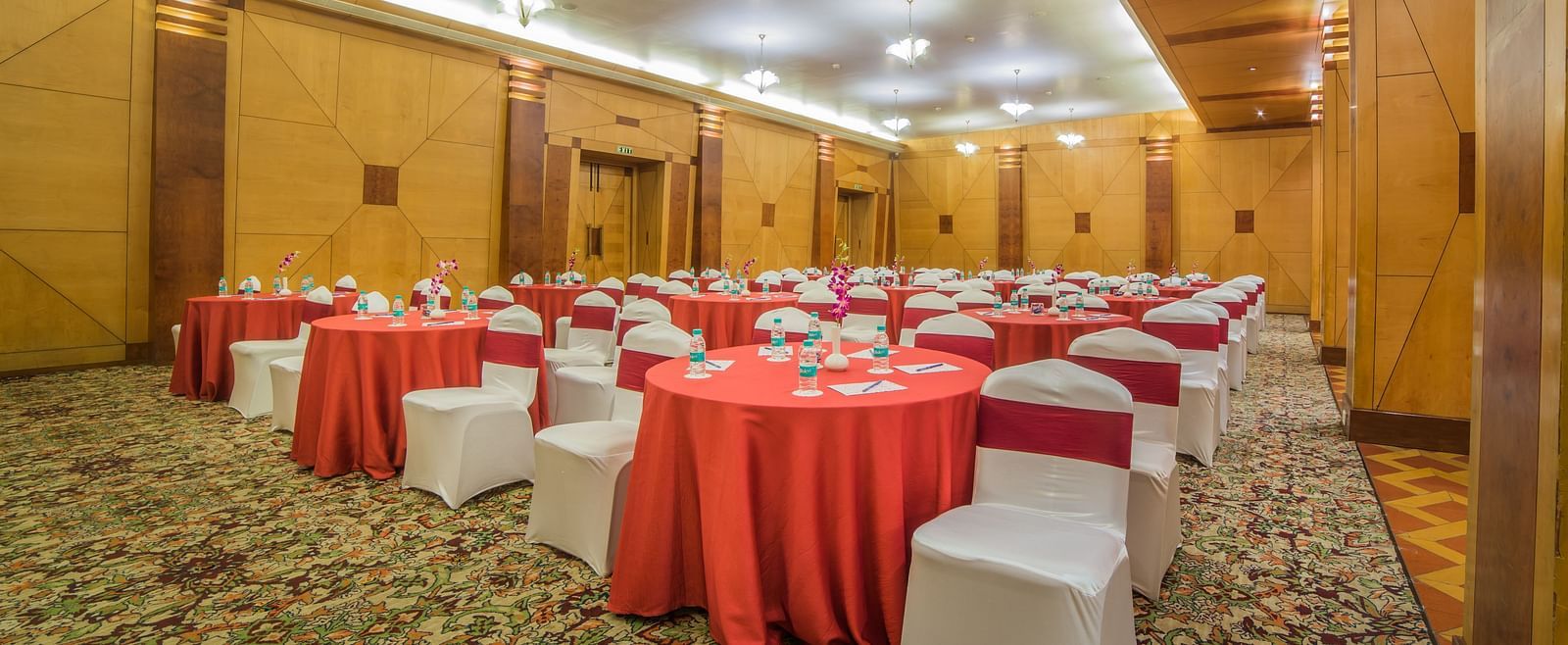 Seating arrangement in Mayfair Hall at Sitara Luxury Hotel in Hyderabad near Ramoji Film City.