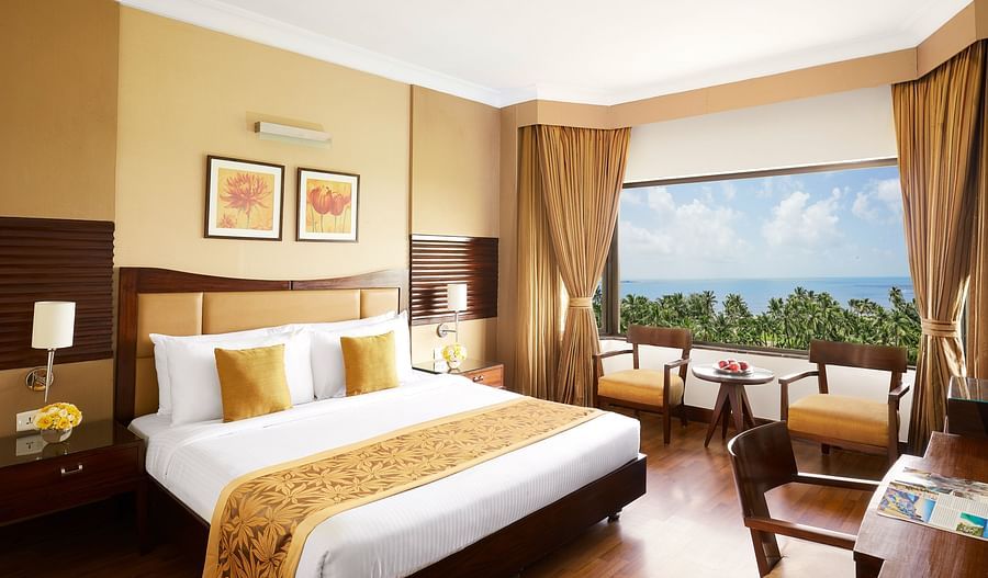 a double bed in a hotel room with a picturesque view 089