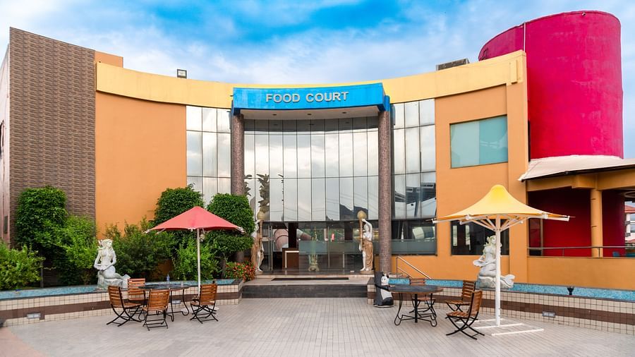 A wide shot of the food court at Crescent Water Park in Indore