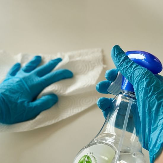 person wearing blue gloves cleaning