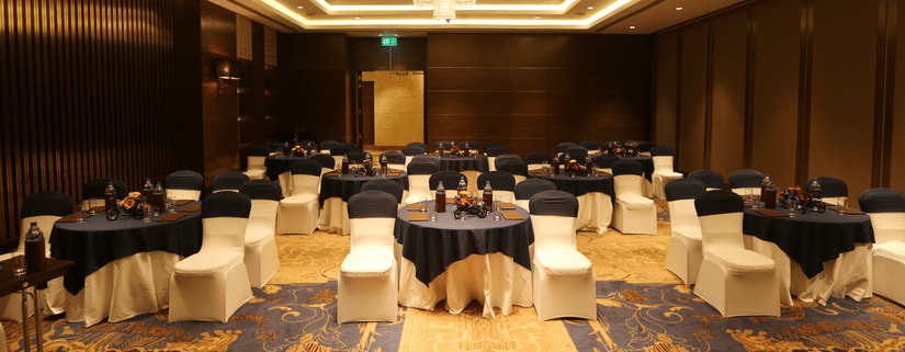  A hall with chairs and tables arranged for an event at Pride Plaza, New Delhi.