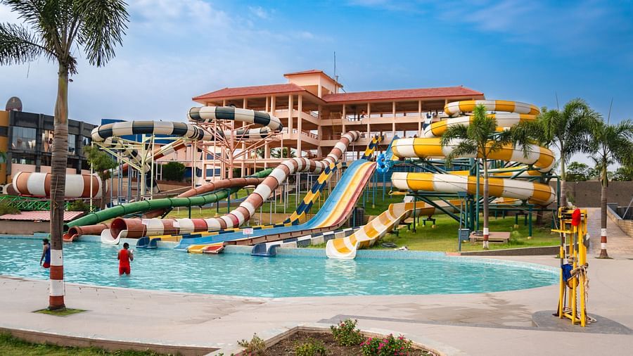 A front view of thrilling slides at the water park in Indore