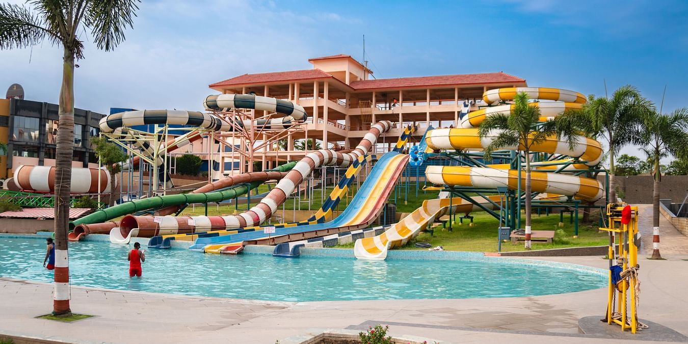 A front view of thrilling slides at the water park in Indore