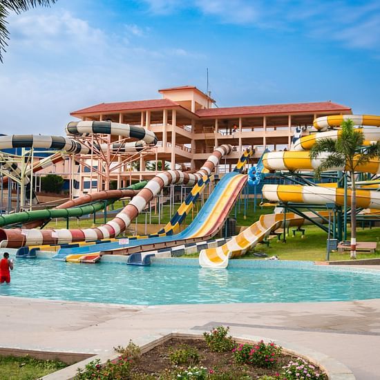 A front view of thrilling slides at the water park in Indore