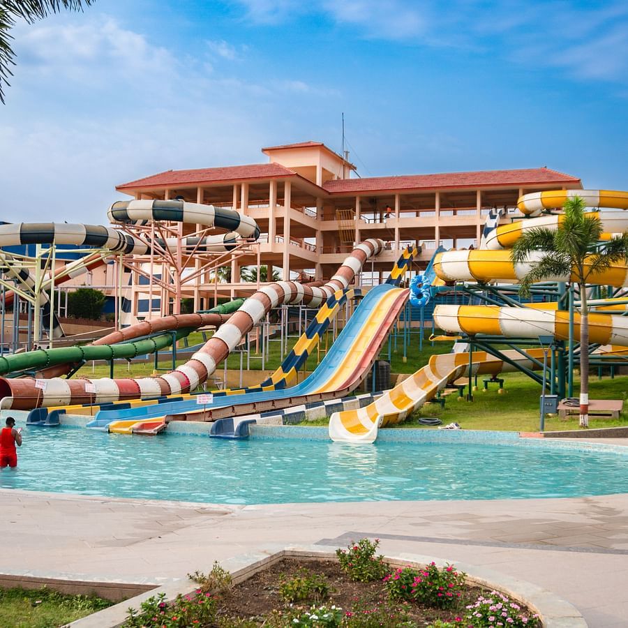 A front view of thrilling slides at the water park in Indore