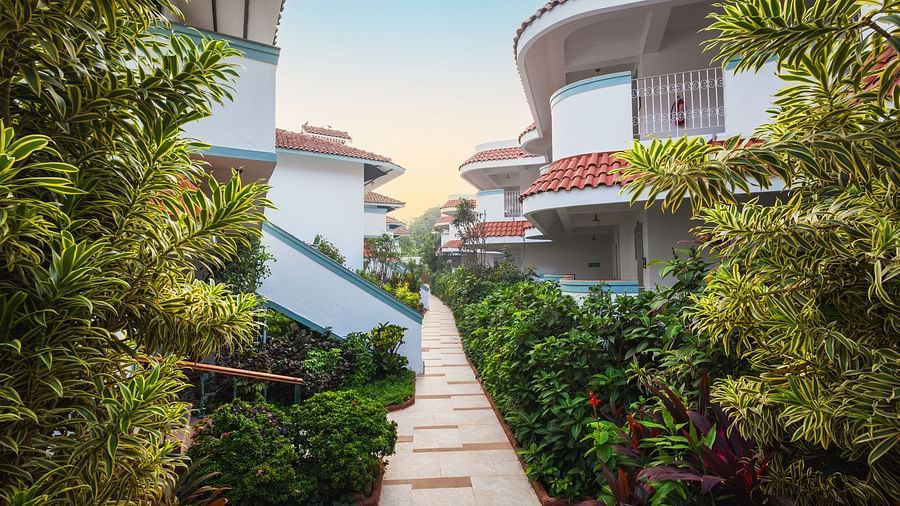 Pathway lined with greenery leading to modern resort villas with curved balconies.