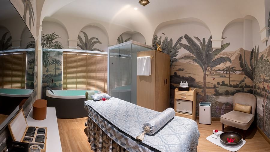 an image of the Cinqtuair Spa with a comfortable bed, couches and a television - The Claridges New Delhi