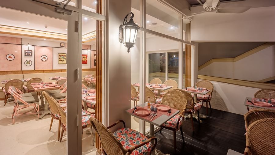 modern pink interiors of mama miso - pan-asian restaurant in goa at heritage village resort and spa