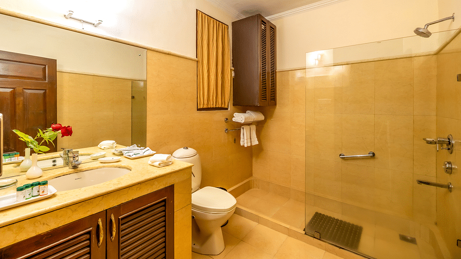 washroom in Deluxe room at Bedzz Xclusiv Baikunth, Manali