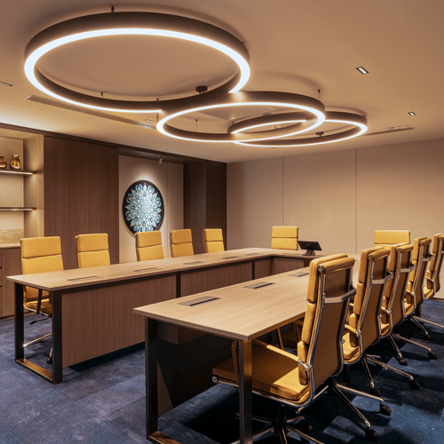 A meeting room at The Residency Towers Chennai with a long table, chairs, and modern circular lighting fixtures.