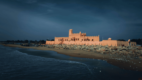 A castle with Danish style architecture at Tharangambadi Beach