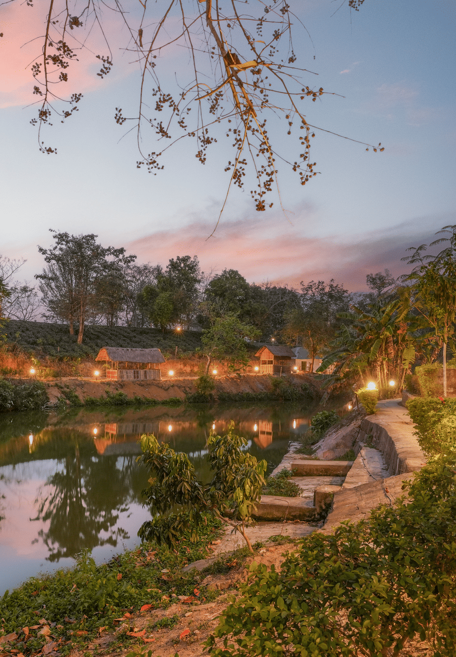 Lake view with warm lighting at Summit Green Lake Tea Resort & Spa, Kaziranga