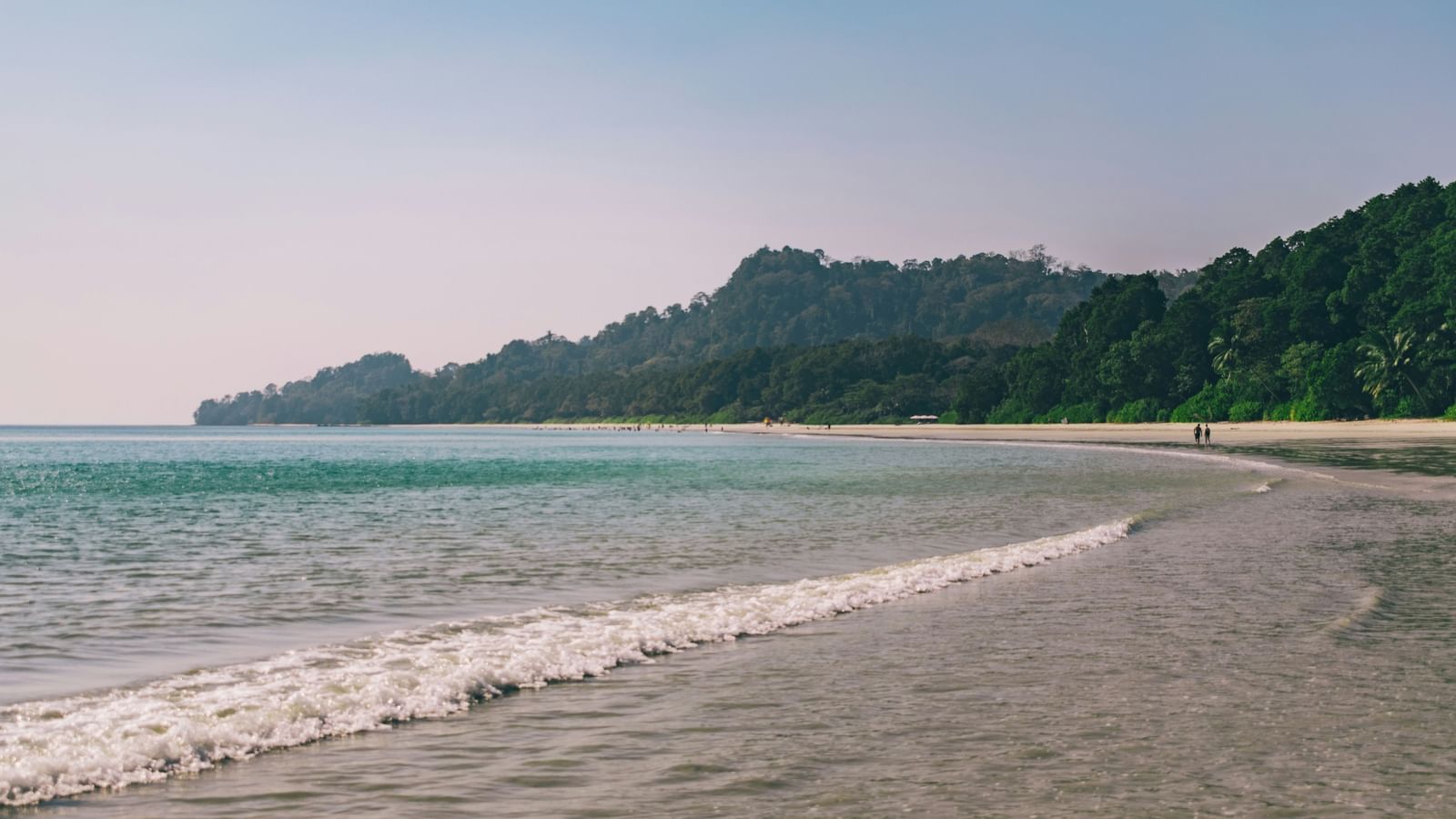 A wide sandy beach with gentle waves and a lush green coastline under a clear sky.
