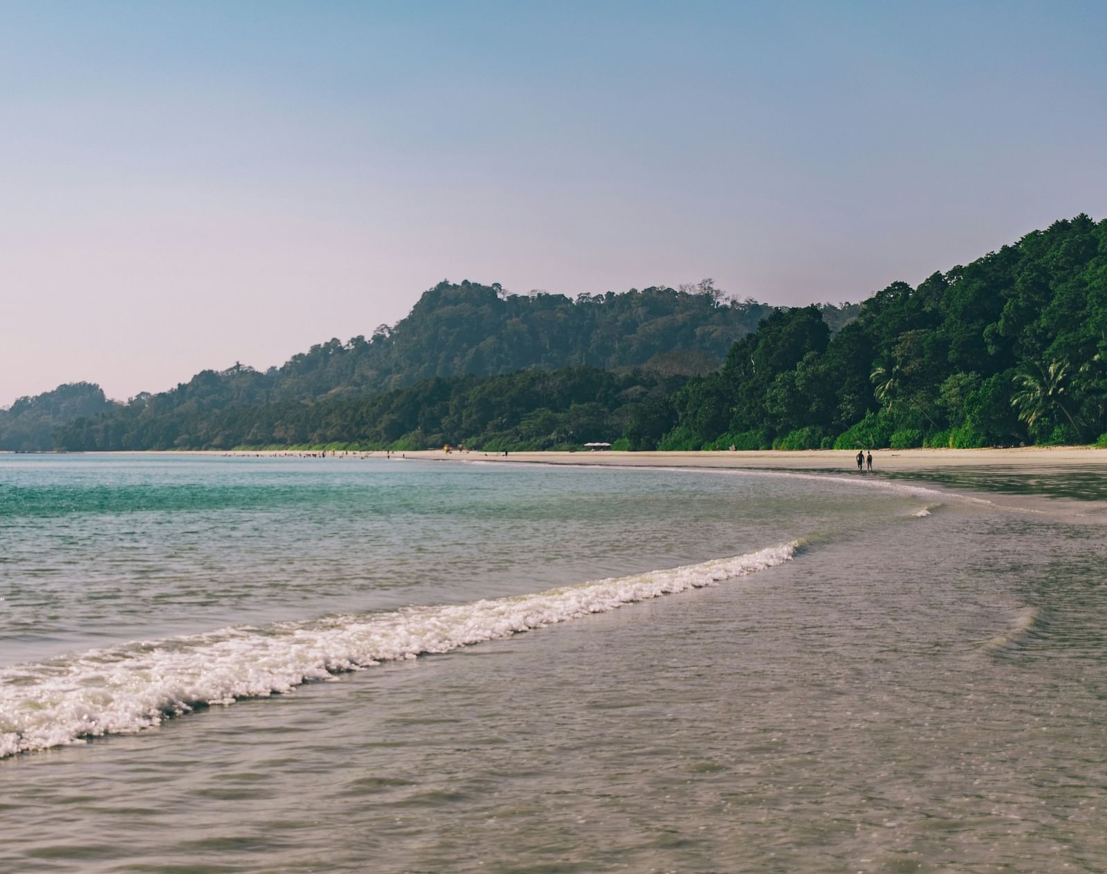 A wide sandy beach with gentle waves and a lush green coastline under a clear sky.