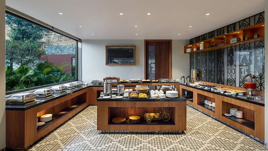 buffet setting of Lumbini Restaurant at Stone Wood Hotel, Kumbhalgarh