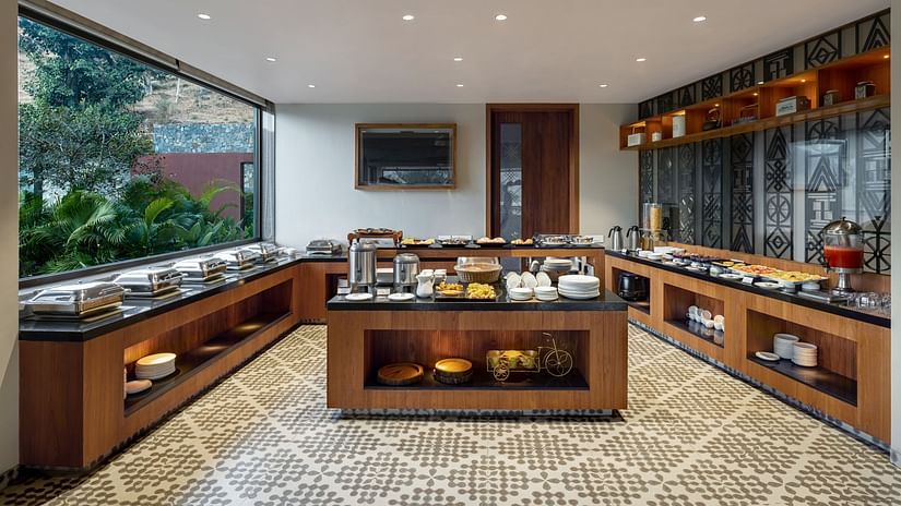 buffet setting of Lumbini Restaurant at Stone Wood Hotel, Kumbhalgarh