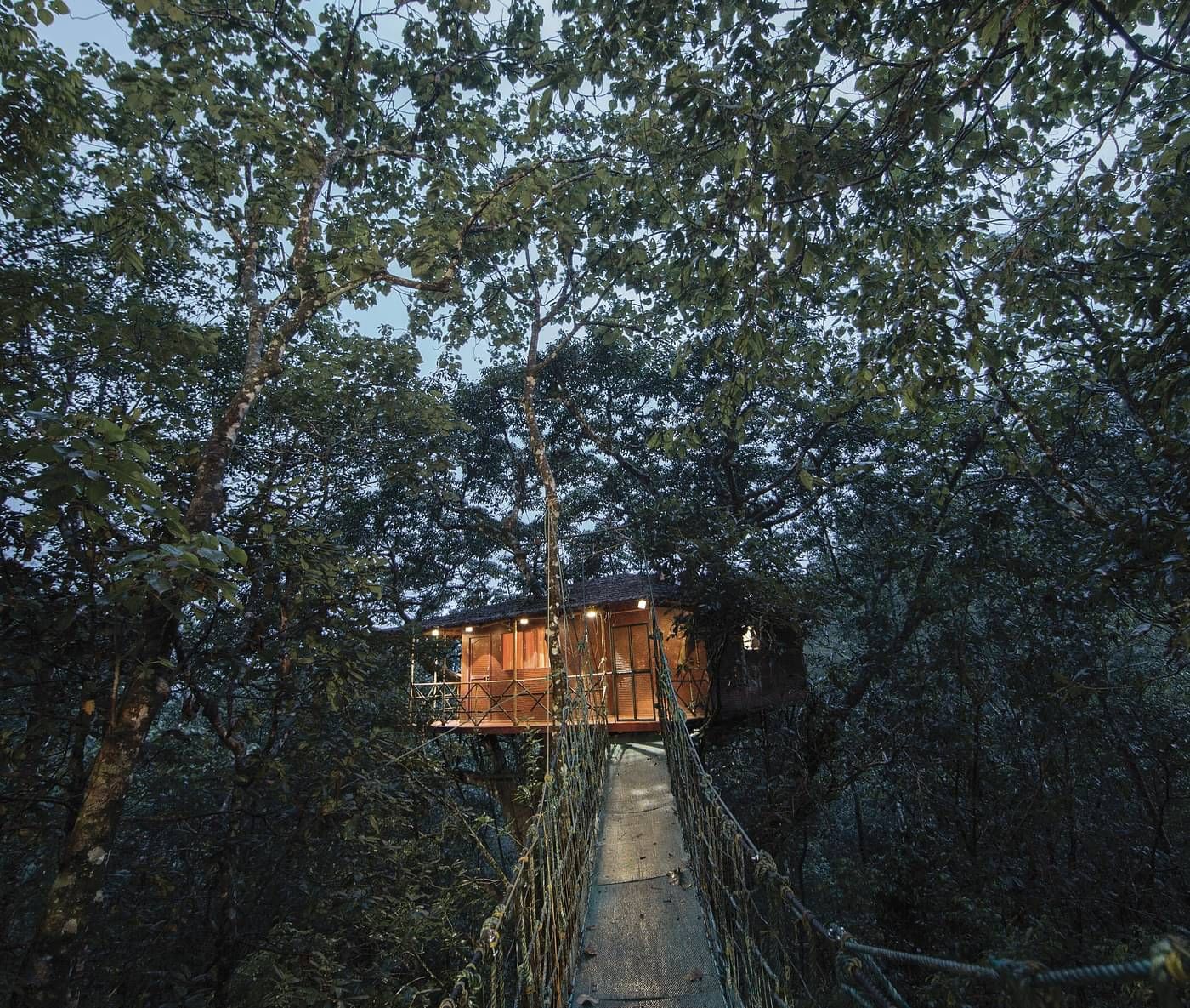A tree house connected with a rope bridge amidst greenery | Vythiri Resort. Wayanad