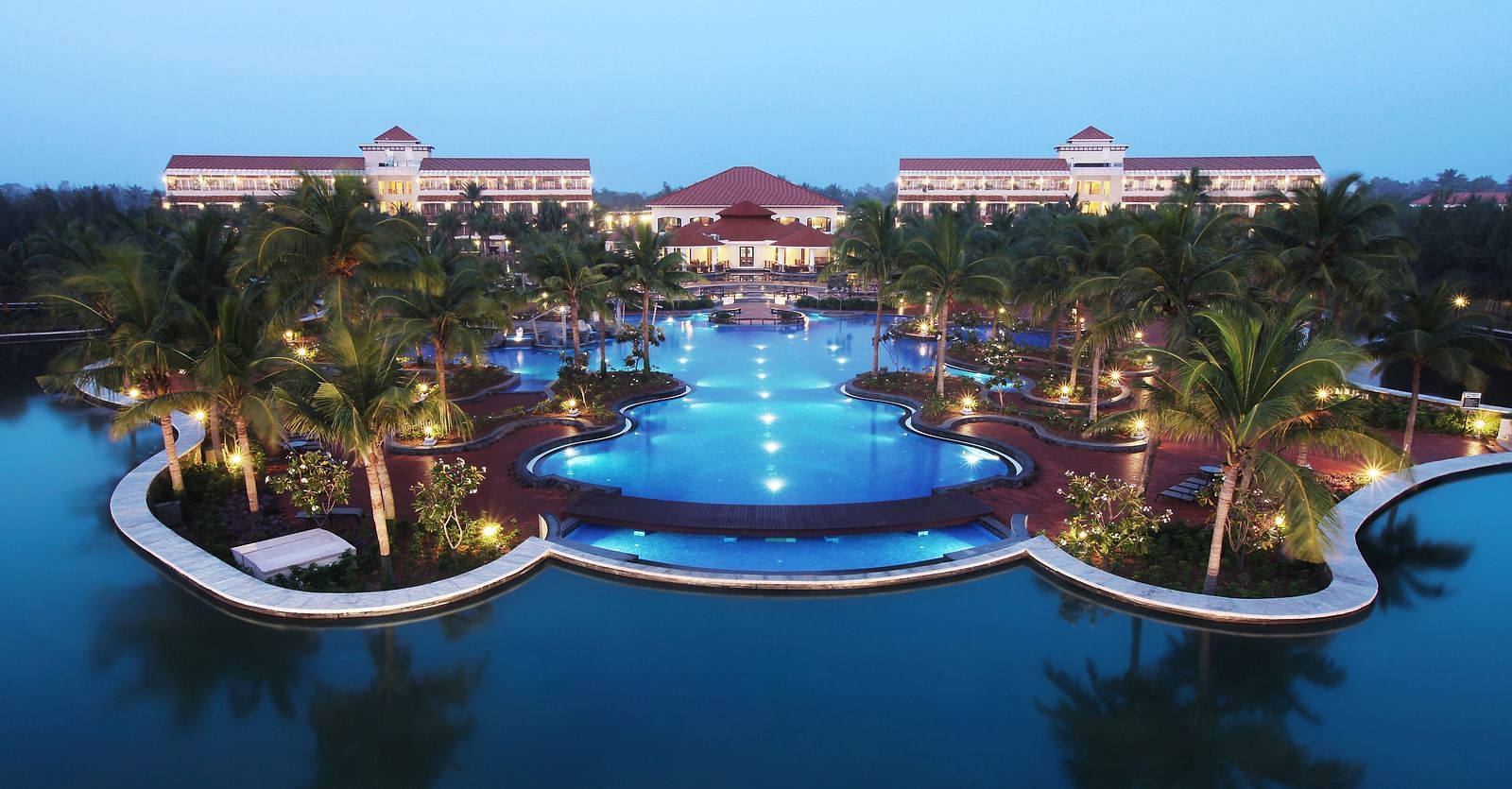 Aerial view of the lake with swimming pool in view at Ocean Spray, Pondicherry