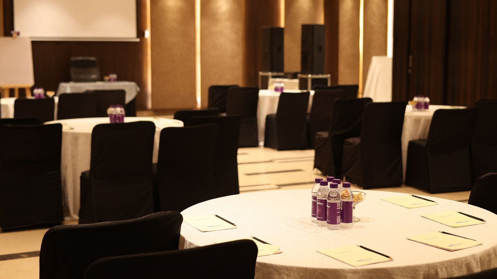 Modern conference room with black chairs and projector screen at Hotel Saket 27.