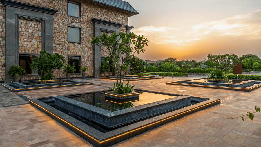 Elegant stone facade and landscaped courtyard of at Pushkara Resort & Spa in Pushkar, viewed during the sunset.