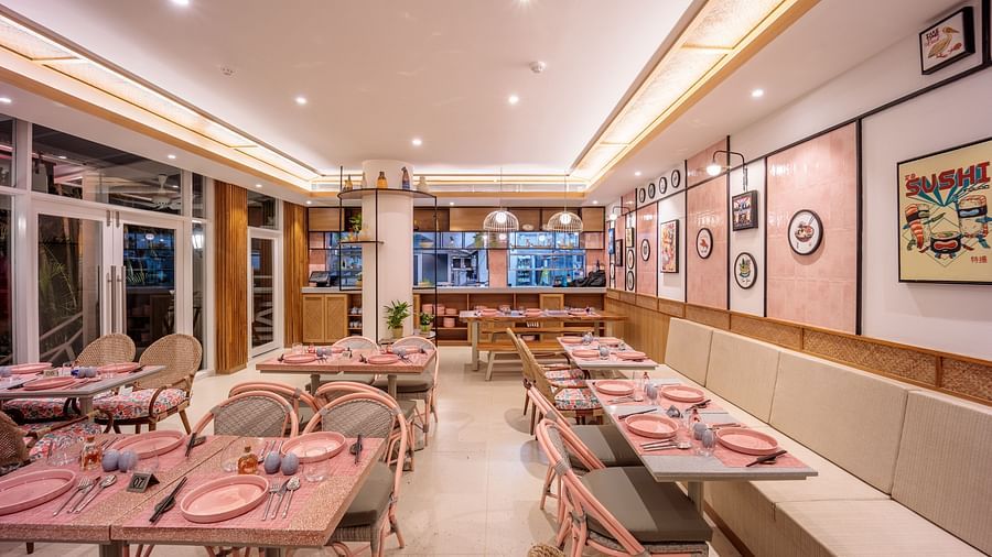 modern pink interiors of mama miso - pan-asian restaurant in goa at heritage village resort and spa