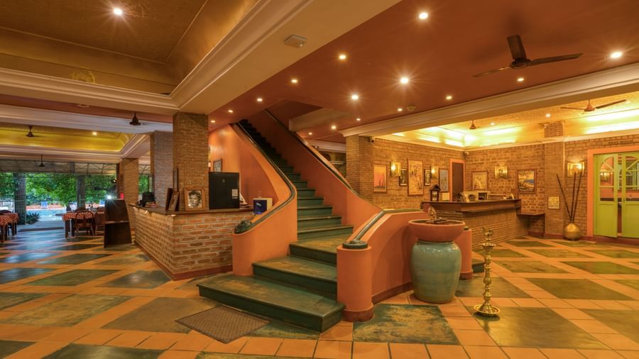 Lobby  with stairs and  reception