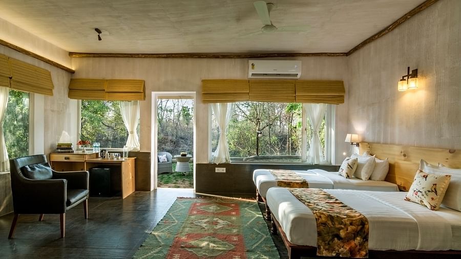 A full view of Premium Gardenview Suite with 2 beds | The Riverwood Forest Retreat, Pench