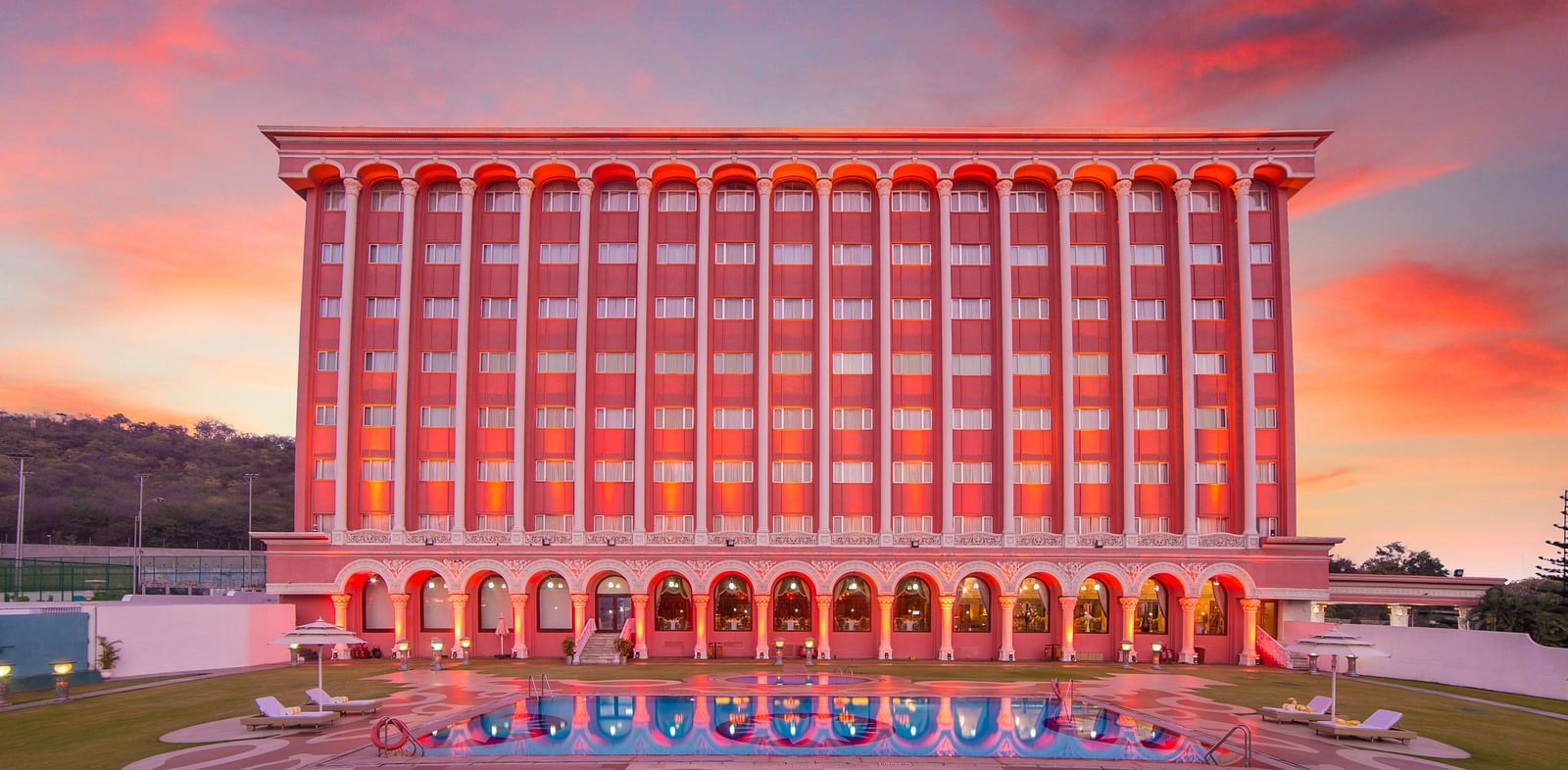 Facade of Sitara Luxury Hotel in Hyderabad near Ramoji Film City during the evening