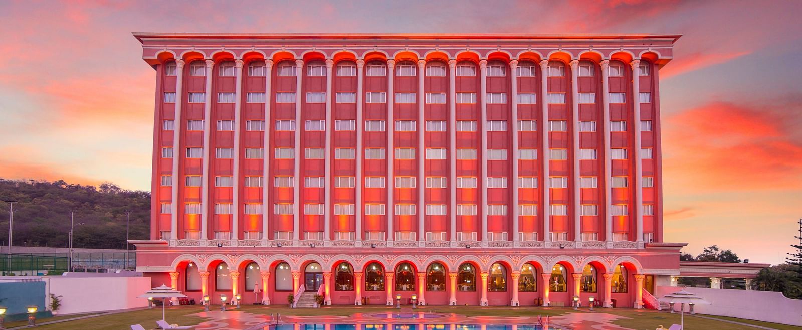 Facade of Sitara Luxury Hotel in Hyderabad near Ramoji Film City during the evening