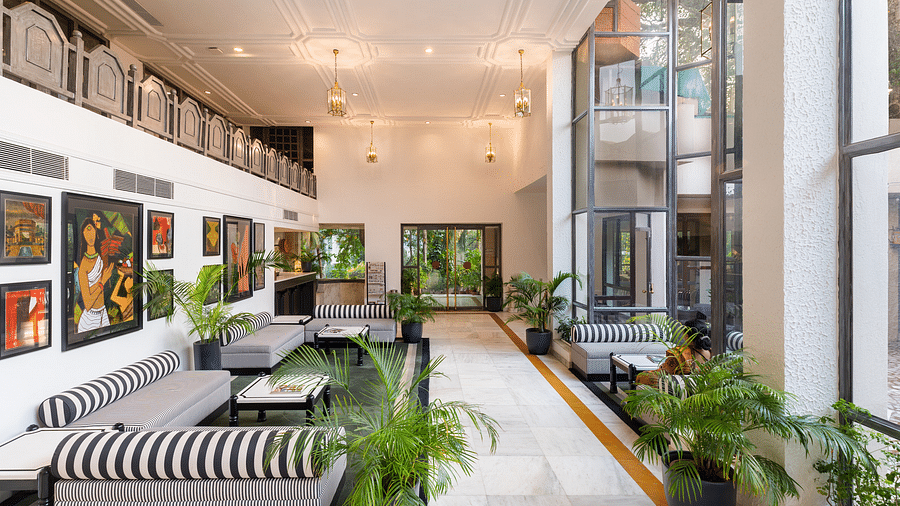 the lobby at our hotel with black and white stripped sofas, wall decor, indoor plants and lighting - Hotel Rajdarshan, Udaipur.