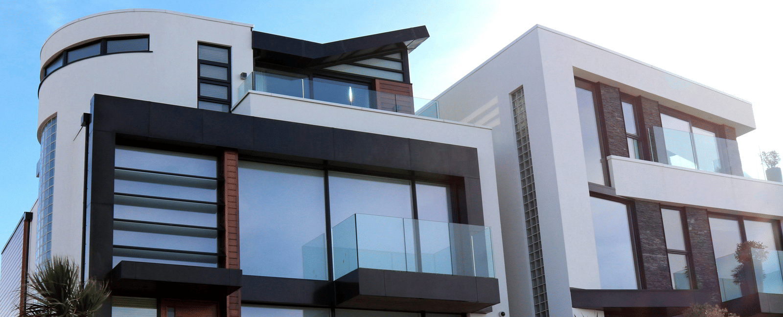 Modern apartment complex with clean, minimalist architecture