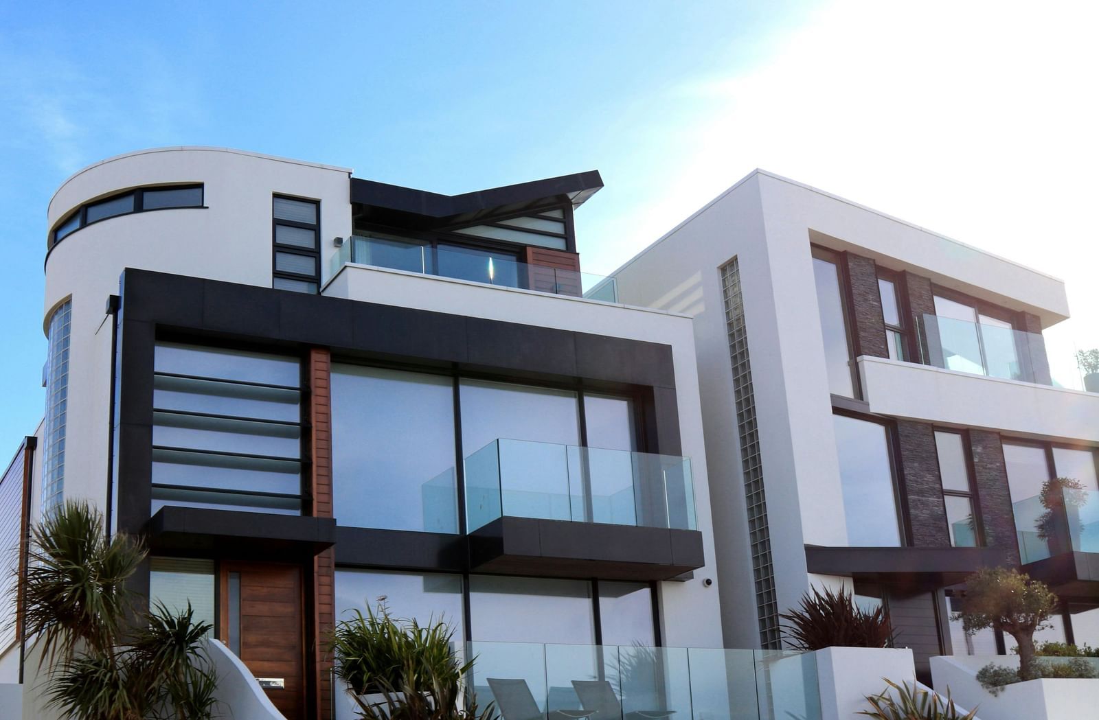Modern apartment complex with clean, minimalist architecture