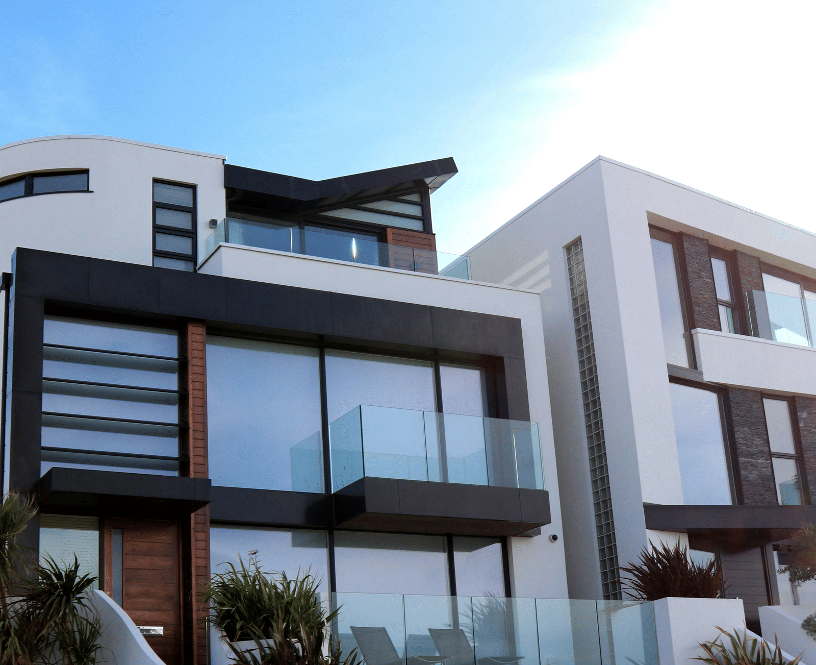 Modern apartment complex with clean, minimalist architecture