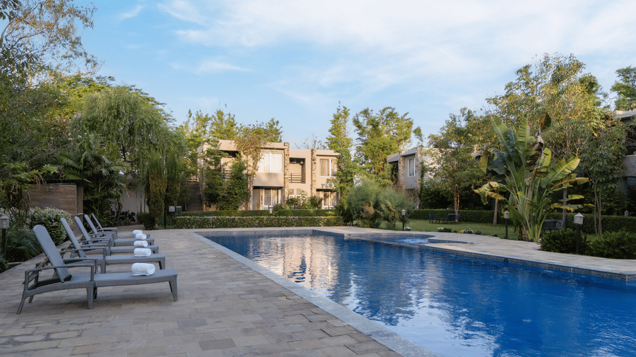  swimming pool with lounge chairs on the side and resort buildings in the background at The Golden Tusk, Jim Corbett