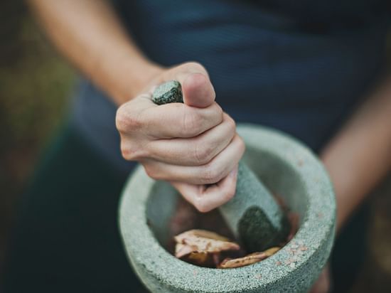 Hands hold a pestle, grinding herbs and possibly roots in a stone mortar, suggesting the preparation of traditional medicine or remedies.