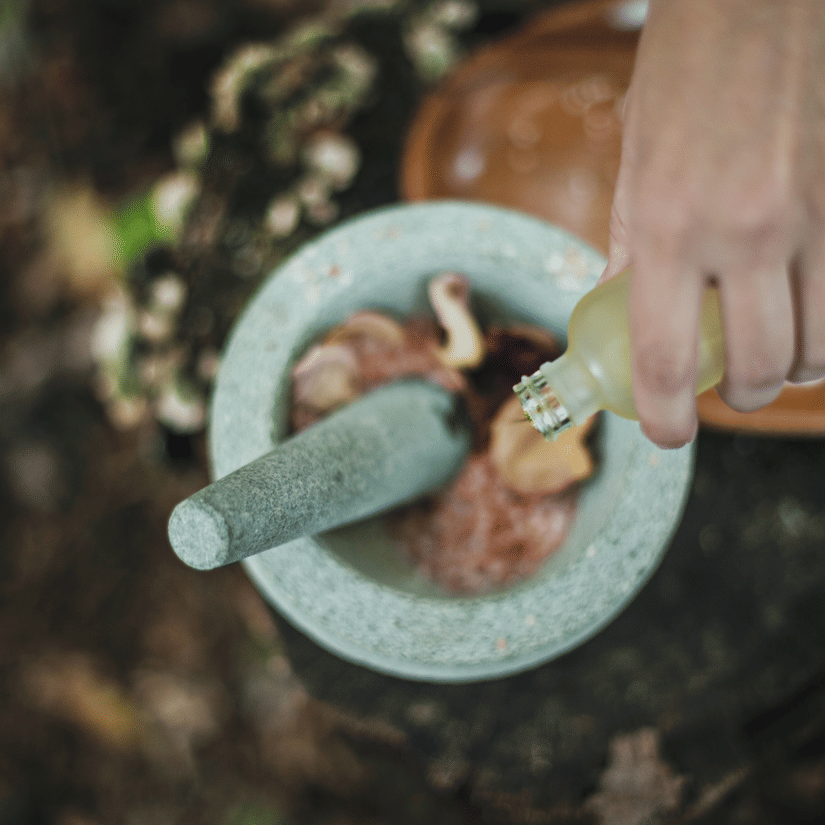 A head shot of ayurvedic herbs being crushed in a bowl
