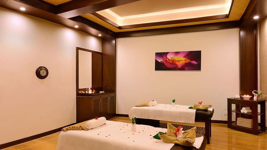 The interiors of the massage room at Mudra spa with comfortable beds and massage equipment