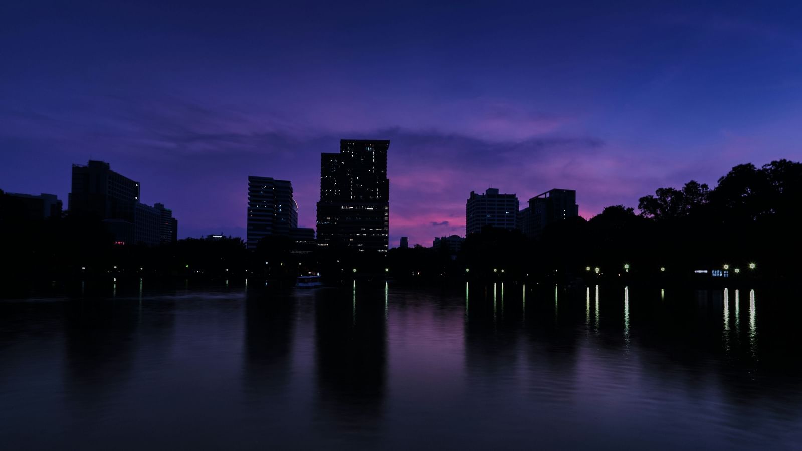 an overview of Lumpini Park in the night with purple hues in the sky and building in the background