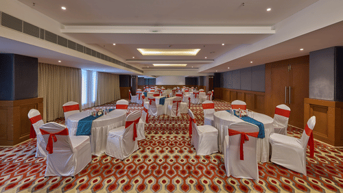 Mandapa, our ballroom in Mahabalipuram set up for an event in cluster style arrangement - Grand Continent, Mahabalipuram