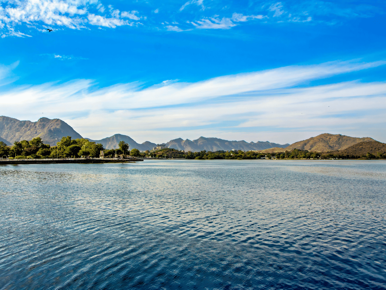 A wide view of a vast, calm lake reflecting a bright blue sky with wispy white clouds.