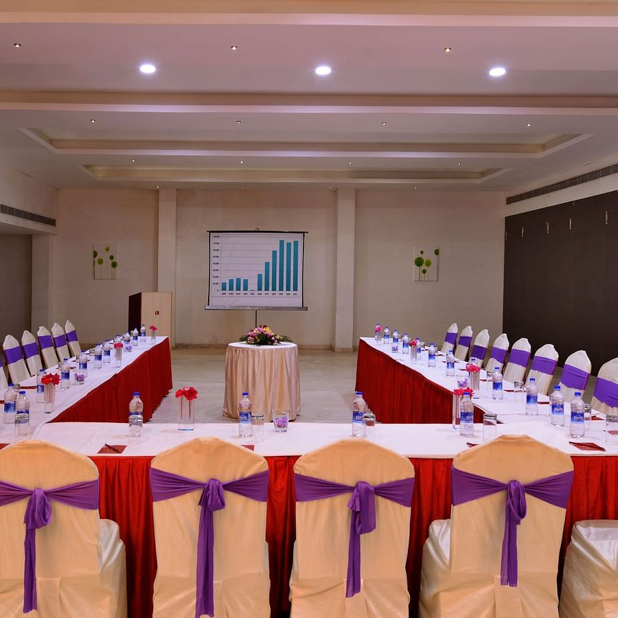 Aravali banquet hall with chairs and tables arranged in board room setting