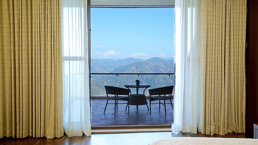 sitting area in balcony at Aranya overlooking mountains - Aranya Himalayan Retreat, Mashobra