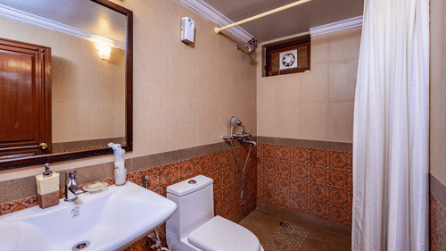Shower area inside Cones - River View room at neemrana s three waters