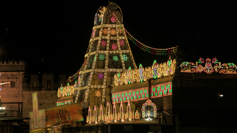 Tirumala during Karthika Masam adorned with colourful lights at night