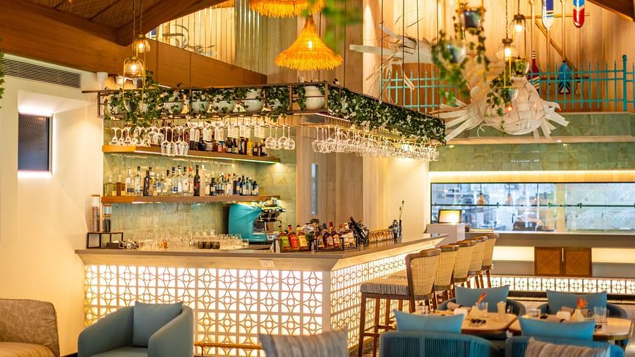 A stylish bar interior with warm lighting, green ivy decorations, and a variety of bottles and glasses neatly arranged.