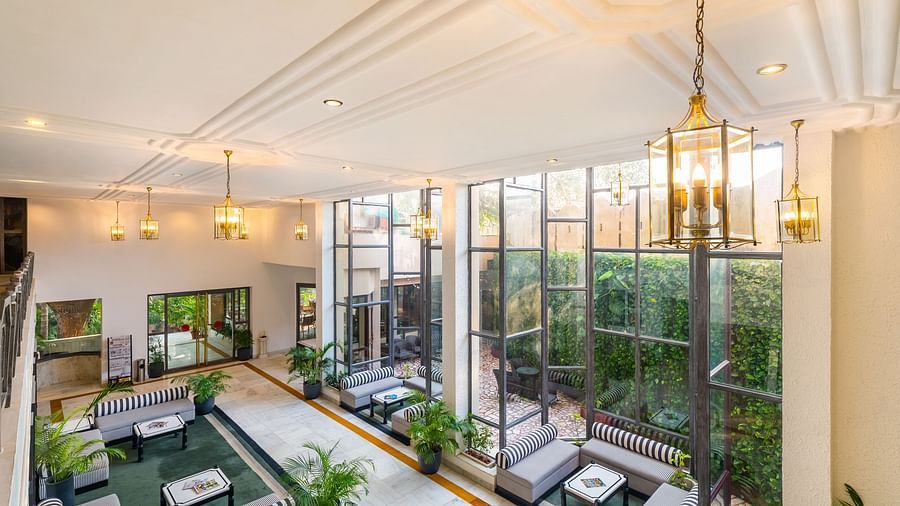 overhead view of the lobby at our hotel with black and white stripped sofas, wall decor and indoor plants - Hotel Rajdarshan, Udaipur.