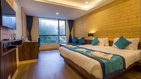 An image of a premium suite with bed, flat screen TV, couch, lamps, an expansive window, and warm lighting - Yashshree Sanderling, Darjeeling