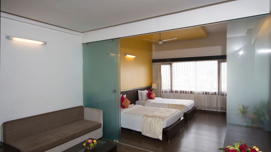 view of the twin beds from the living space