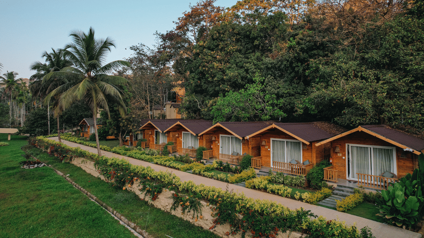 Row of wooden cottages with well-maintained gardens and palm trees in the background. | Stone Wood Jungle Resort, Dandeli