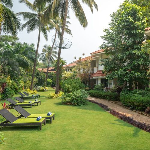 A spacious Eden Gardens with deck chairs arranged in the garden and large trees surrounding the building